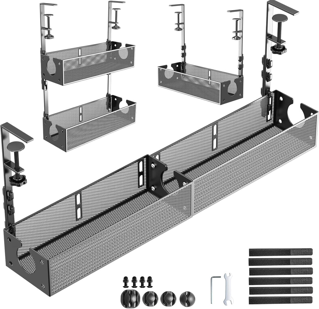 Multi-Model under Desk Cable Management 2 Pack Metal under Desk Wire Management Tray Clamp Mount under Table Cord Management No Damage the Desk