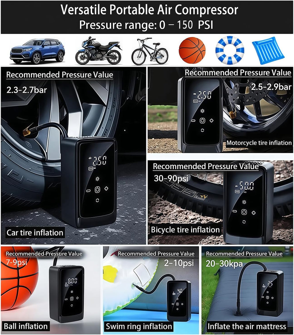 Tire Inflator Portable Air Compressor, Dual Power 12V Dc/Rechargeable | Digital Display Gauge Car Tire Air Pump, Battery Operated, LED Work Light, for Car Tires, SUV, Motorcycles, Bicycles, Balls