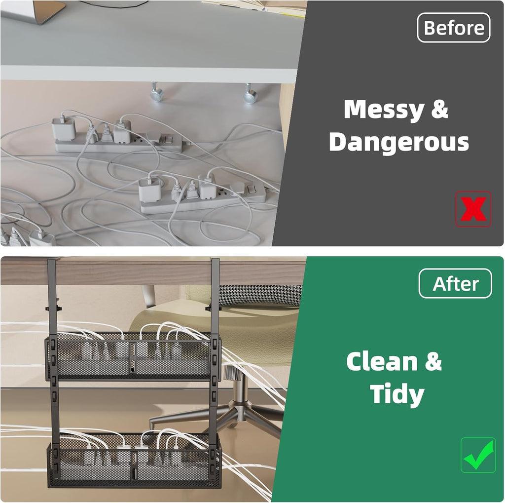 Multi-Model under Desk Cable Management 2 Pack Metal under Desk Wire Management Tray Clamp Mount under Table Cord Management No Damage the Desk