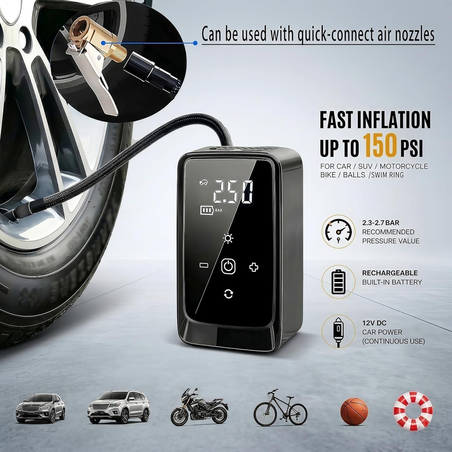 Tire Inflator Portable Air Compressor, Dual Power 12V Dc/Rechargeable | Digital Display Gauge Car Tire Air Pump, Battery Operated, LED Work Light, for Car Tires, SUV, Motorcycles, Bicycles, Balls