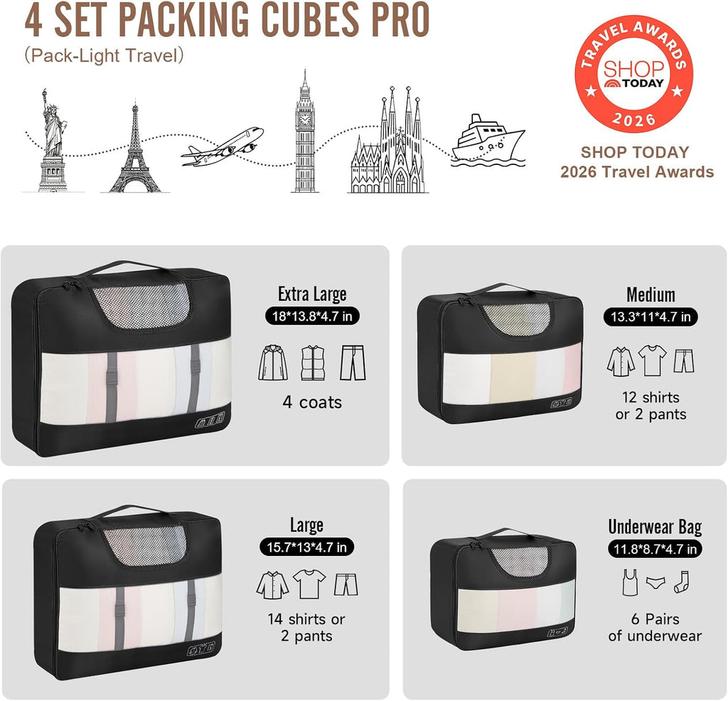 4 Set Packing Cubes for Travel Essentials,Anti-Wrinkle Buckled Suitcase Organizer for Shoe & Toiletry Bag,Carry on Luggage Bag for Airplane & College Dorm Room Accessories,Women Men Gifts