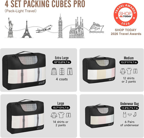 4 Set Packing Cubes for Travel Essentials,Anti-Wrinkle Buckled Suitcase Organizer for Shoe & Toiletry Bag,Carry on Luggage Bag for Airplane & College Dorm Room Accessories,Women Men Gifts