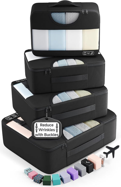 4 Set Packing Cubes for Travel Essentials,Anti-Wrinkle Buckled Suitcase Organizer for Shoe & Toiletry Bag,Carry on Luggage Bag for Airplane & College Dorm Room Accessories,Women Men Gifts