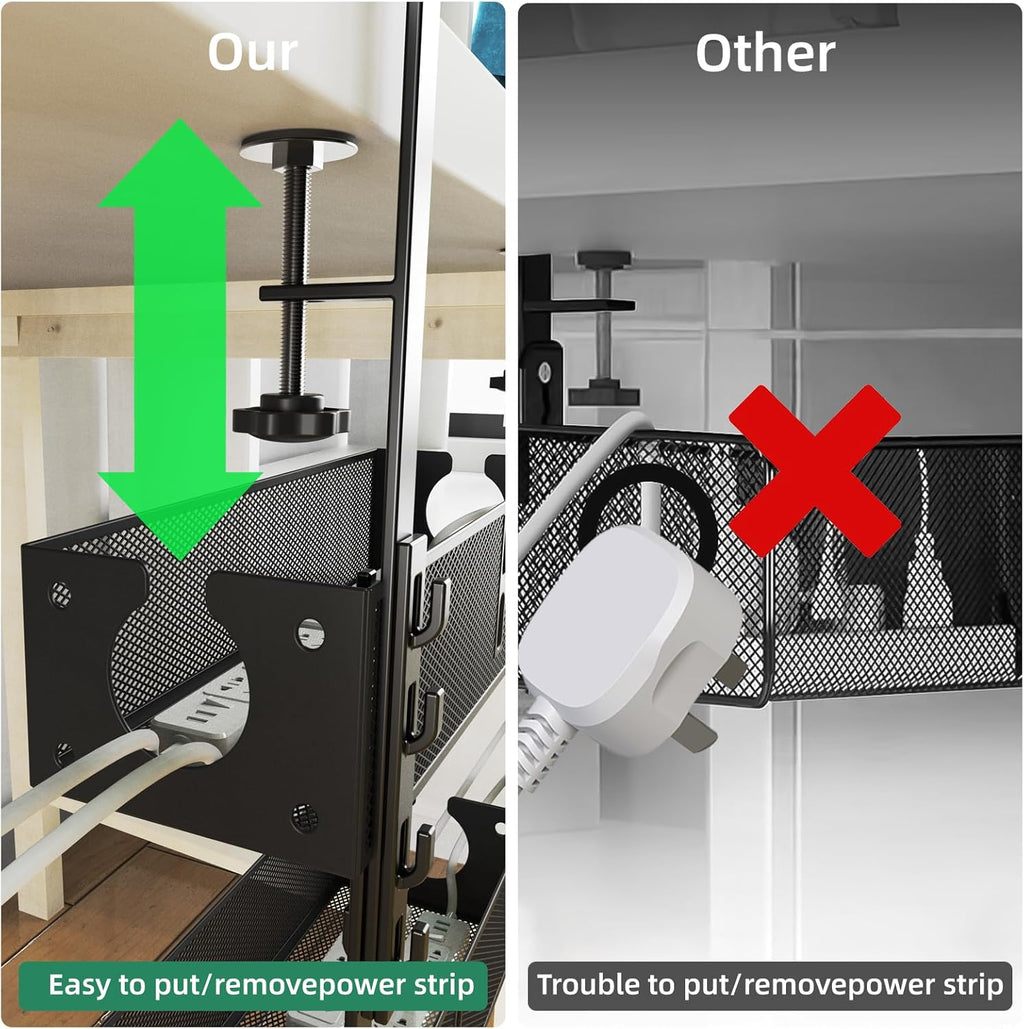 Multi-Model under Desk Cable Management 2 Pack Metal under Desk Wire Management Tray Clamp Mount under Table Cord Management No Damage the Desk