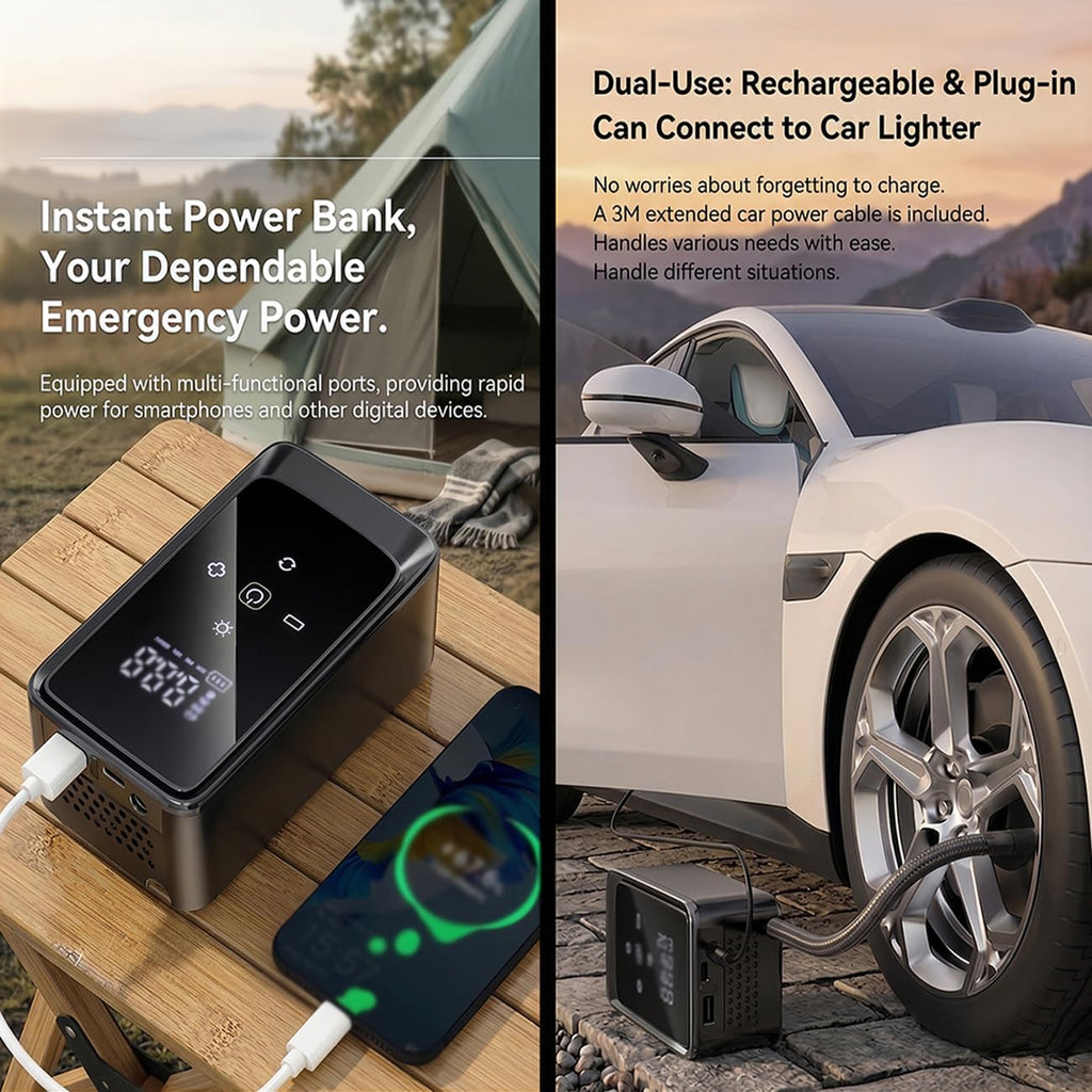 Tire Inflator Portable Air Compressor, Dual Power 12V Dc/Rechargeable | Digital Display Gauge Car Tire Air Pump, Battery Operated, LED Work Light, for Car Tires, SUV, Motorcycles, Bicycles, Balls