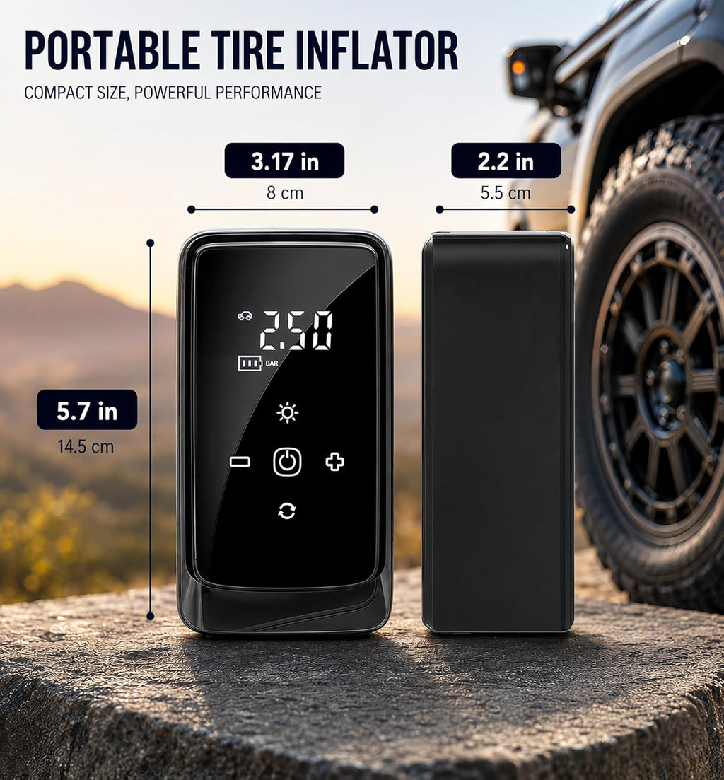 Tire Inflator Portable Air Compressor, Dual Power 12V Dc/Rechargeable | Digital Display Gauge Car Tire Air Pump, Battery Operated, LED Work Light, for Car Tires, SUV, Motorcycles, Bicycles, Balls