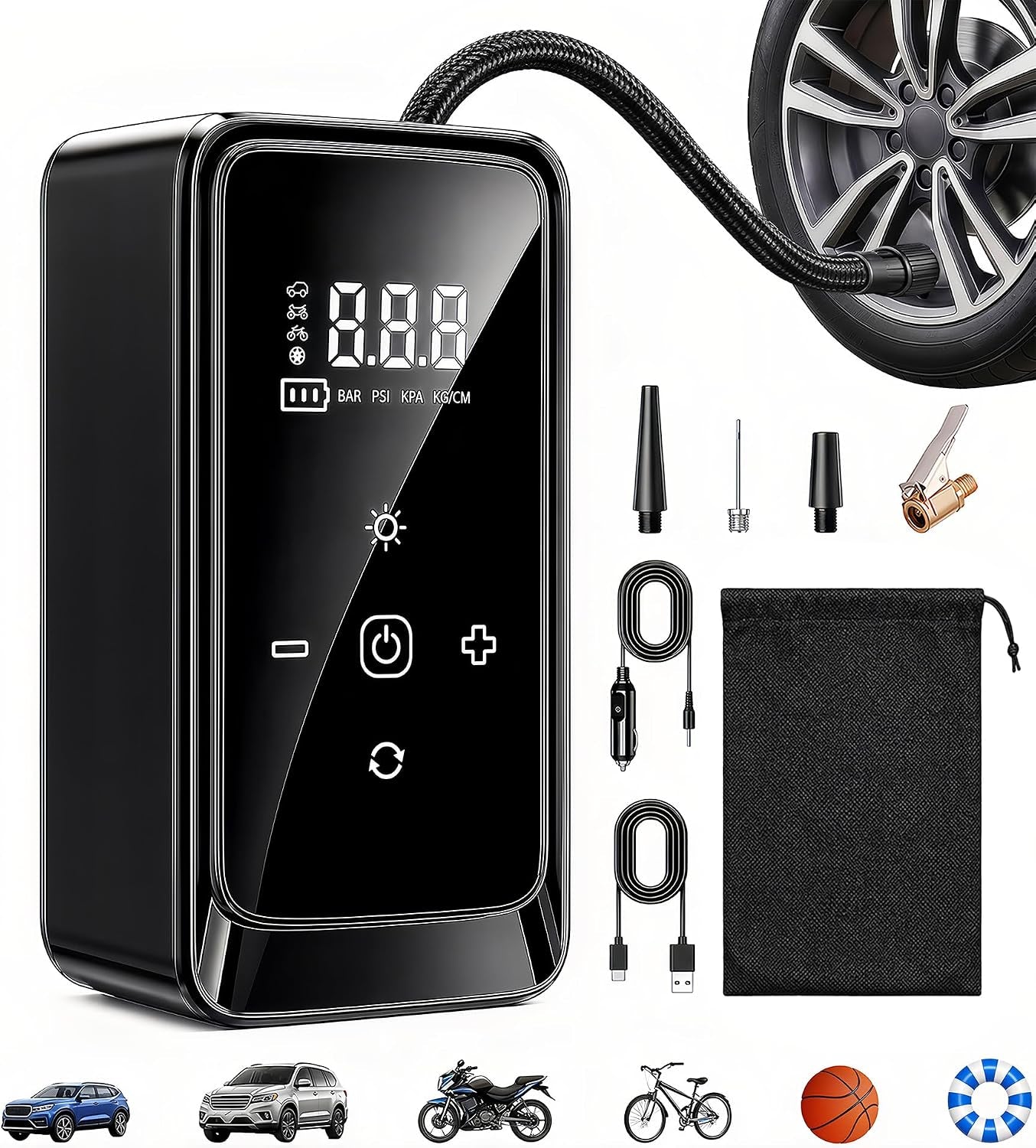 Tire Inflator Portable Air Compressor, Dual Power 12V Dc/Rechargeable | Digital Display Gauge Car Tire Air Pump, Battery Operated, LED Work Light, for Car Tires, SUV, Motorcycles, Bicycles, Balls
